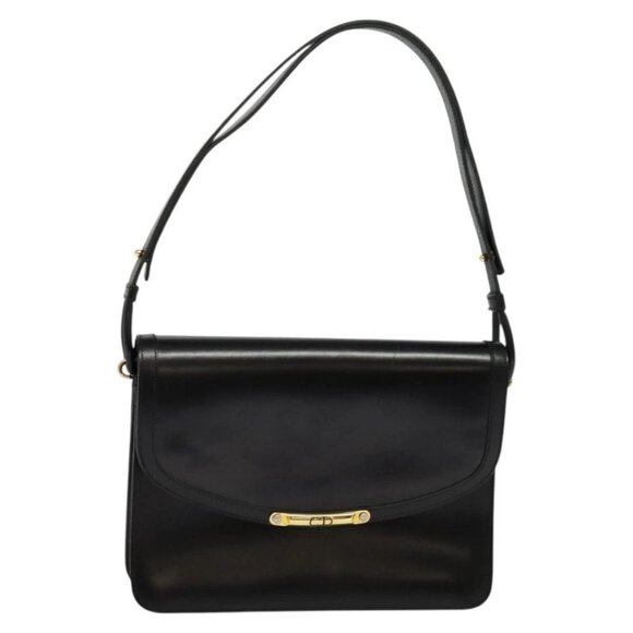 Christian Dior Shoulder Bag Leather Black Gold Auth